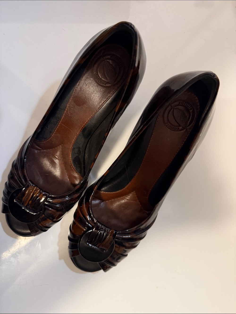 Nurture Brown Patent Peep-Toe Heels with Buckle Detail